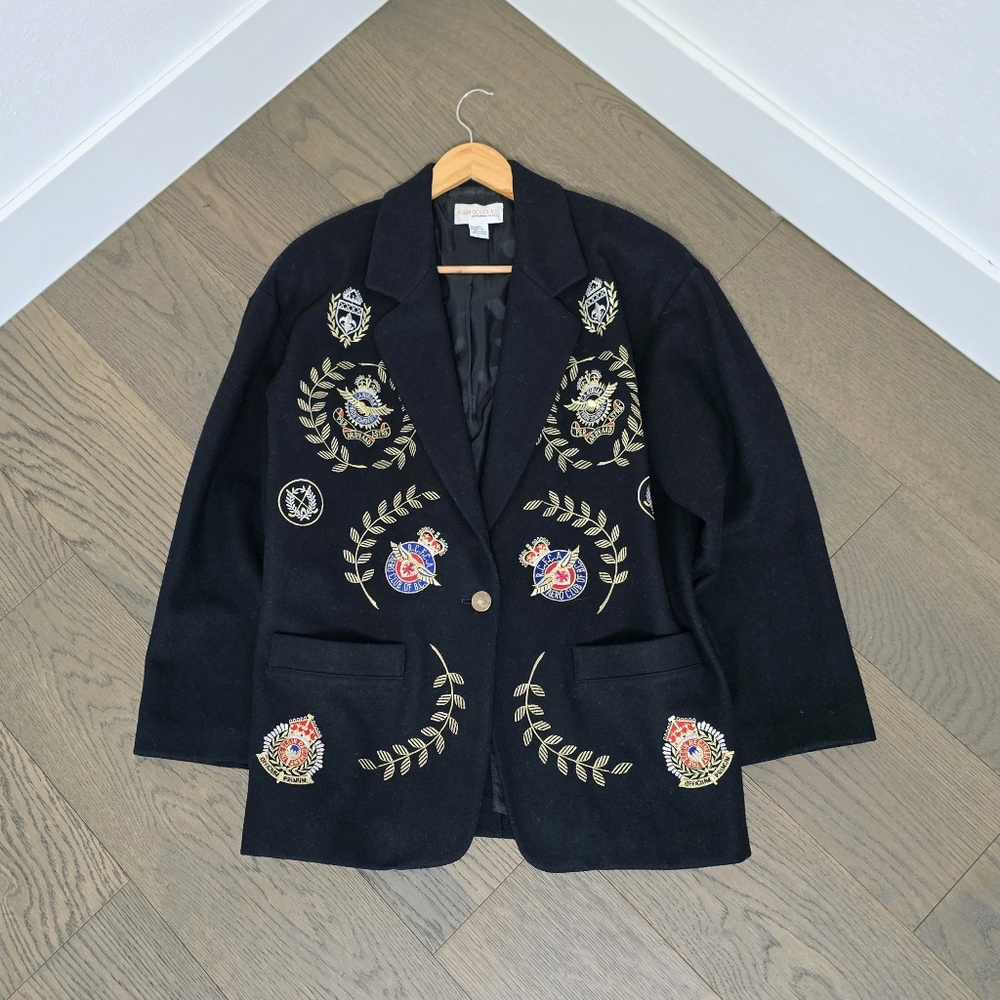 Adam Douglass for Adrinna Papell Vintage 80s Military Emblem Wool Coat in Black